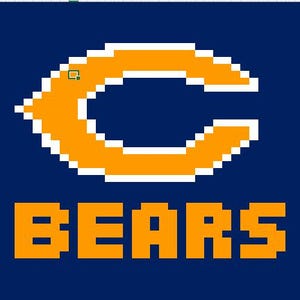 May include: A pixelated design with the word "BEARS" in orange block letters under an orange "C" logo on a navy blue background. Vertical orange stripes frame the design.