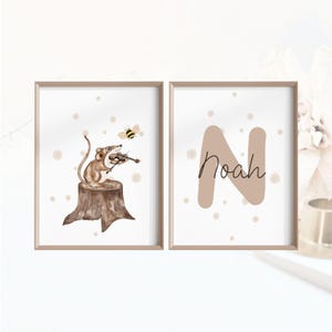 Póster infantil niño niña set de 2 ratón con violín + letras y nombre descarga digital decoración pared habitación infantil personalizada