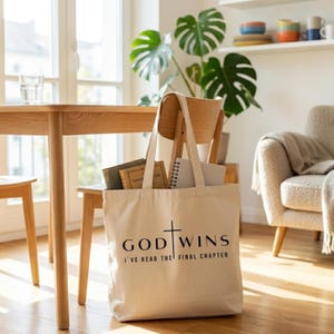 Große bedruckte Baumwolltasche I christliche Botschaft I Einkaufstasche IGod wins, I ve read the last chapter | Geschenk