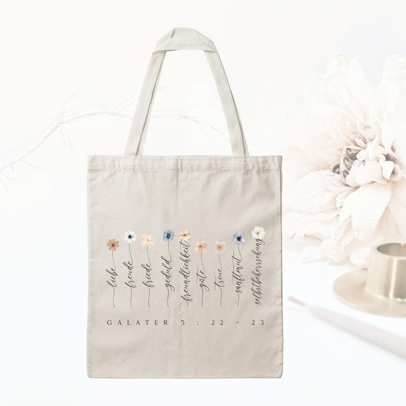 Bedruckte Baumwolltasche I Liebe I Freude I Friede I Geduld I Freundlichkeit I Güte I Treue I Sanftmut I Selbstbeherrschung