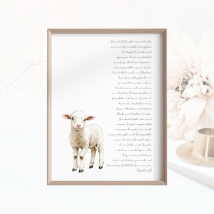 May include: A watercolor illustration of a white lamb standing on a white background. The image includes a poem in German about the Lord being a shepherd. The poem reads: "Der HERR ist mein Hirte, mir wird nichts mangeln. Er lagert mich auf grünen Aen, er fährt mich zu stillen Wassern. Er erquickt meine Seele. Er leitet mich in Pfaden der Gerechtigkeit um seines Namens willen. Auch wenn ich wandere in Tal des Todesschattens, fürchte ich kein Unheil, denn du bist bei mir. Dein Stecken und dein Stab, sie trösten mich. Du bereitest mir einen Tisch angesichts meiner Feinde, du hast mein Haupt mit Öl gesalbt, mein Becher fliesst über. Nur Güte und Gnade werden mir folgen alle Tage meines Lebens, und ich kehre zurück ins Haus des HERRN für immer. Psalm 23"