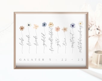 Christian posters | Love | Joy | Peace | Patience | Kindness | Goodness | Loyalty | Gentleness | Self-control | with flowers