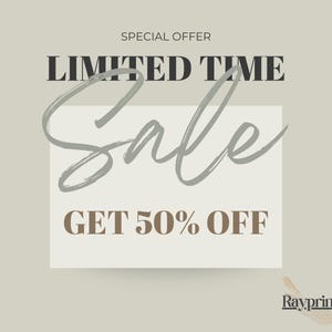 Op de afbeelding: Een promotionele afbeelding met een lichtbeige achtergrond. De tekst "SPECIAL OFFER" staat bovenaan, gevolgd door "LIMITED TIME" in een vet, donker lettertype. Het woord "Sale" is in cursieve stijl geschreven. Hieronder staat "GET 50% OFF".