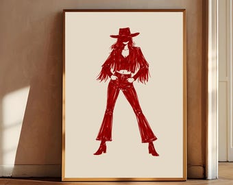 Red Wine Cowgirl Wall Art Print, Modern Burgundy Cowgirl print, Cowboy Inspired Poster, Western Decor, Fashion Illustration Digital Download