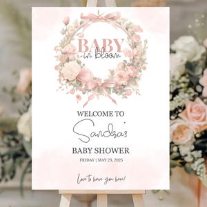 Baby in Bloom Welcome Sign Baby Shower Editable Baby Shower Welcome sign template Girl Pink Bow wildflower Baby Shower Welcome Sign