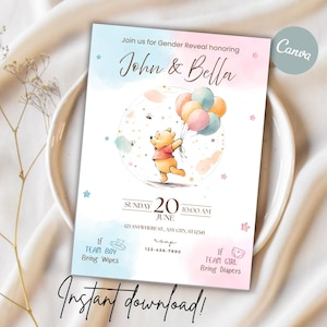 Winnie the Pooh Baby Shower Invitations instant download, baby, digital editable invitation printable template gender reveal baby invites
