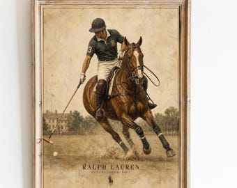 Vintage canvas polo sport, op Ralph Lauren geïnspireerde paardensportposter, minimalistische ruiterkunst, luxe mode muurdecoratie