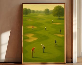 Tiny Golfers Art Print, Minimalist Golf Wall Decor Poster, Abstract Sports Painting, Vintage Green Decor, Golf Lover Gift, Digital Download