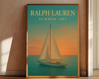 Impression d'art mural voilier de luxe, affiche inspirée de Ralph Lauren, décoration nautique Old Money, téléchargement numérique de style magazine de mode