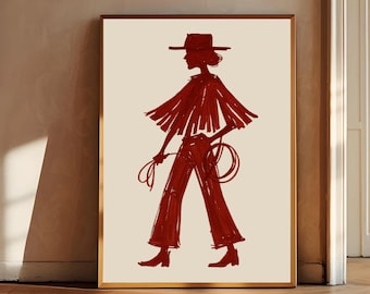 Red Wine Cowgirl Wall Art Print, Modern Burgundy Cowgirl print, Cowboy Inspired Poster, Western Decor, Fashion Illustration Digital Download