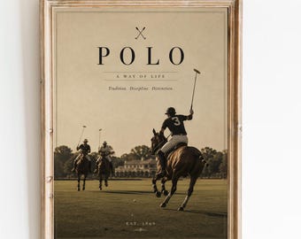 Vintage canvas polo sport, op Ralph Lauren geïnspireerde paardensportposter, minimalistische ruiterkunst, luxe mode muurdecoratie