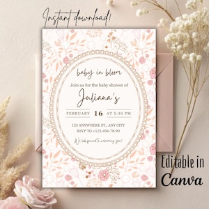 Baby in Bloom Invitation Pink princess baby in bloom baby shower Invitation Girl Editable Pink Spring floral wildflower Baby shower Invite