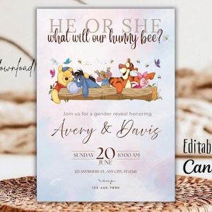 Winnie the Pooh Baby Shower Invitations instant download, baby, digital editable invitation printable template gender reveal baby invites