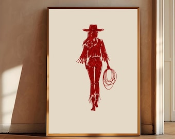 Red Wine Cowgirl Wall Art Print, Modern Burgundy Cowgirl print, Cowboy Inspired Poster, Western Decor, Fashion Illustration Digital Download