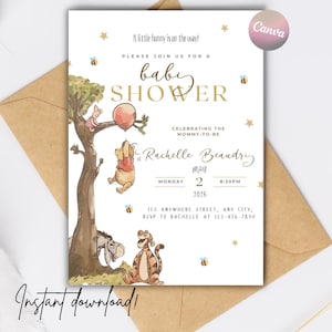 Winnie the pooh baby shower invitations instant download, Editable printable invitation template Pooh baby Gender neutral baby shower invite