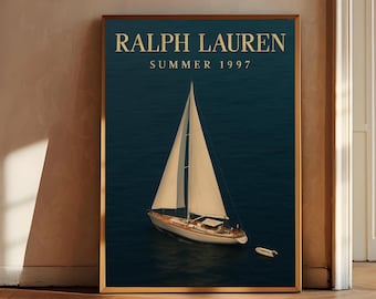 Impression d'art mural voilier de luxe, affiche inspirée de Ralph Lauren, décoration nautique Old Money, téléchargement numérique de style magazine de mode
