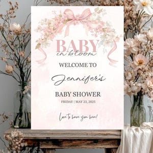 Baby in Bloom Welcome Sign Baby Shower Editable Baby Shower Welcome sign template Girl Pink Bow wildflower Baby Shower Welcome Sign