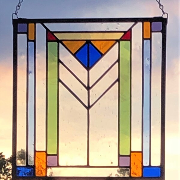 Stained Glass Window Panel with Chevrons, Craftsman Style