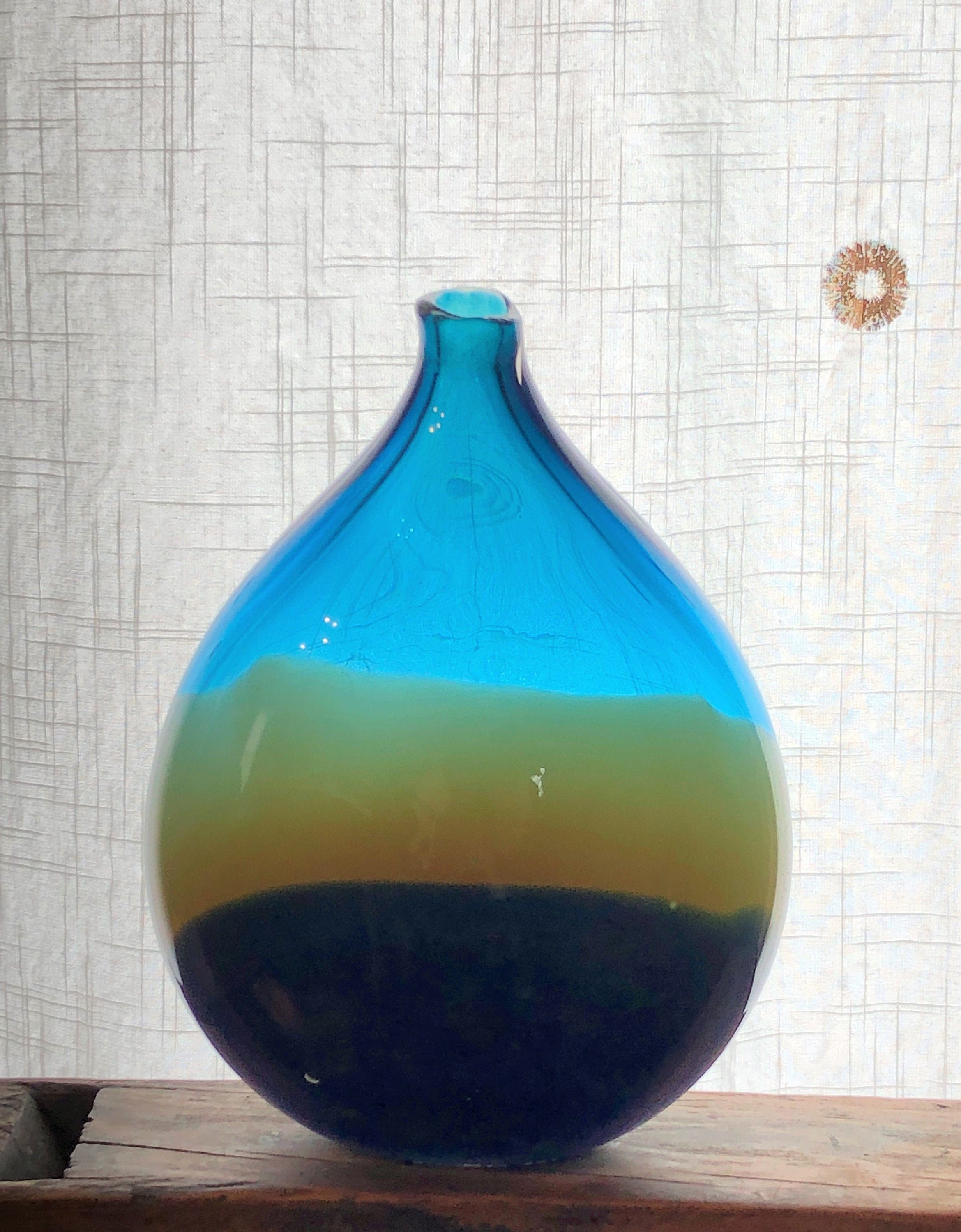 Hand Blown Art Glass Teardrop Vase Aqua amber & Lapis Blue Etsy