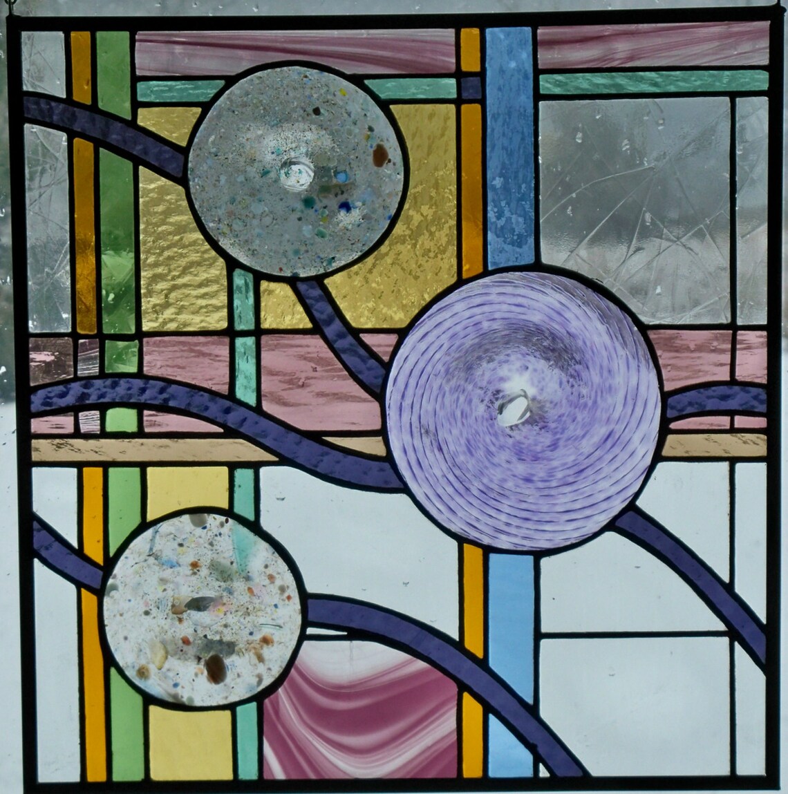 Colorful Abstract Stained Glass Panel With Hand Blown Etsy