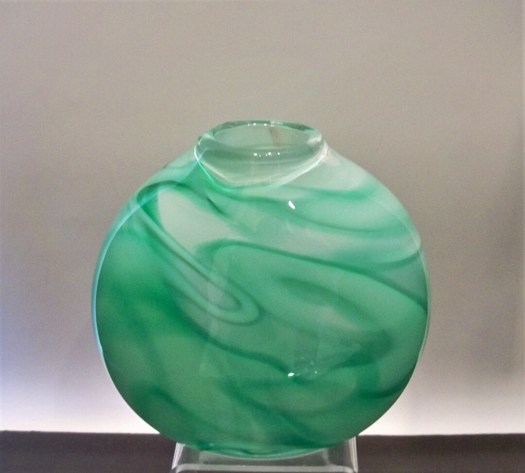 Hand Blown Glass ,small Flat Sided Vase With Emerald Green Cloud Design Etsy