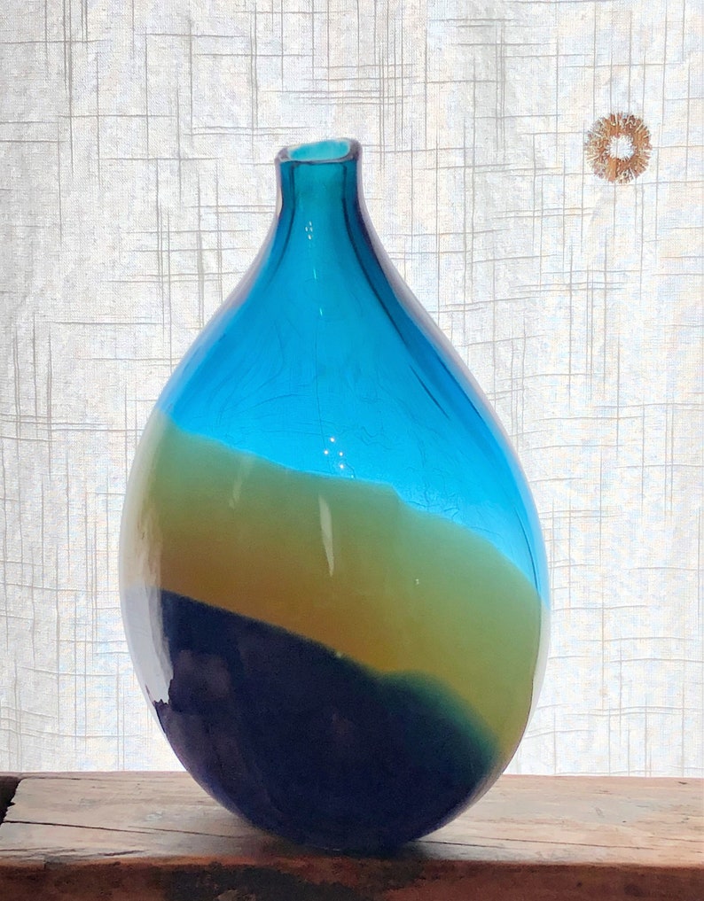 Hand Blown Art Glass Teardrop Vase Aqua amber & Lapis Blue Etsy