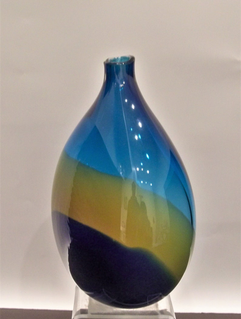 Hand Blown Art Glass Teardrop Vase Aqua amber & Lapis Blue Etsy