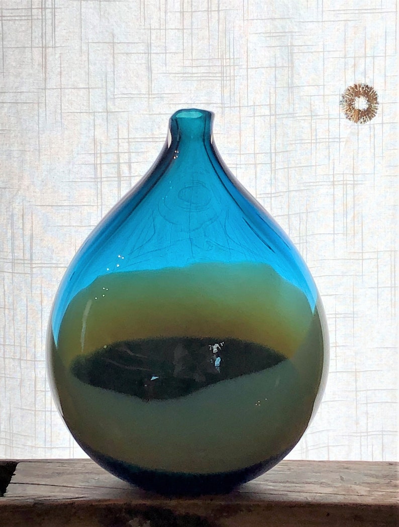 Hand Blown Art Glass Teardrop Vase Aqua amber & Lapis Blue Etsy
