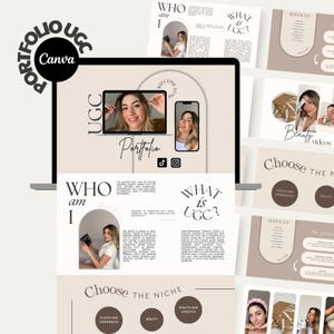 Puede incluir: La pantalla de un portátil que muestra un portafolio para un creador de contenido generado por el usuario (UGC). El portafolio incluye un mensaje de bienvenida, una descripción de los servicios del creador y una sección sobre la elección de un nicho. La pantalla está rodeada de otras diapositivas del portafolio, incluida una diapositiva con el texto "Elige el nicho" y una diapositiva con el texto "Vídeos de belleza".