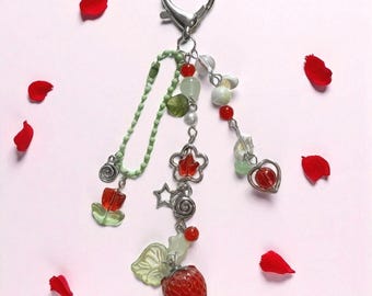 Cute aesthetic strawberry keychain, phone accessories, keychain charm, accessory gifts, bag charm, summer accessory, Y2K Keychain, cute