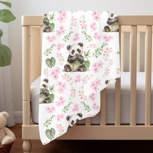 Panda blanket, Playful Panda, Pink flowers, Watercolor blanket, Floral pattern on blanket, Floral bliss design, Panda and botanical Design