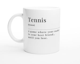 Taza de cerámica blanca de 11 oz con definición de tenis divertida
