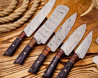 Hand Forged Damascus Chef Knife Set, with Leather Rolling Cover