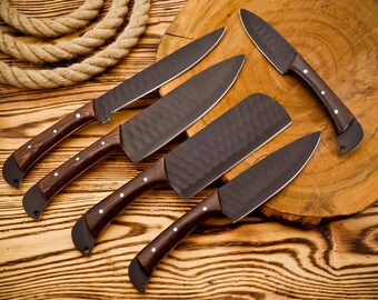Hand Forged Damascus Chef Knife Set with Leather Rolling Cover