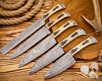 Hand Forged Damascus Chef Knife Set - 5 Piece with Leather Roll