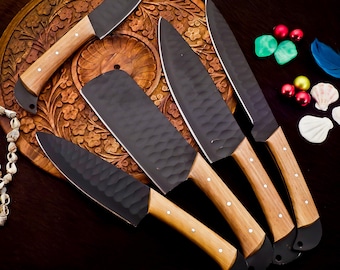 Hand Forged Damascus Chef Knife Set, Kitchen Knives, with Leather Roll