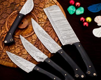 Hand Forged Damascus Chef Knife Set, 5-Piece Kitchen Knives