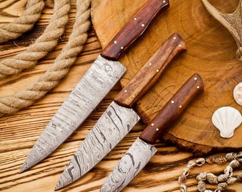 Hand Forged Damascus Chef Knife Set, Wooden Handle, Leather Roll