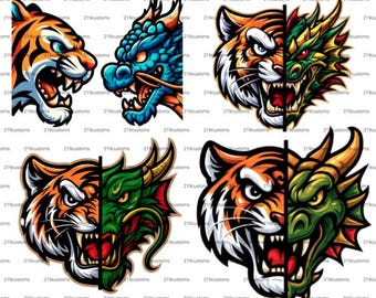 PNG de media cara de tigre y dragón / Clip art estilo logotipo de mascota / Diseño digital de criatura fantástica