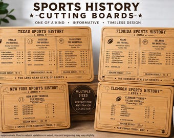 Personalized Year Sports Cutting Board | Custom Engraved Team Schedules & Records | State Sports Keepsake | Sports Fan Gift