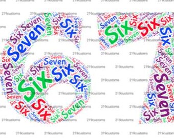 Arte de palabras vibrante "67": diseño tipográfico colorido con "Seis" y "Siete"