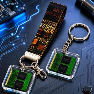 May include: A fabric keychain strap featuring a printed circuit board pattern with numbers 9841, 334P341, and 373 R72, attached to a metal ring and a clear square acrylic pendant containing a green computer memory module with two black processor chips.