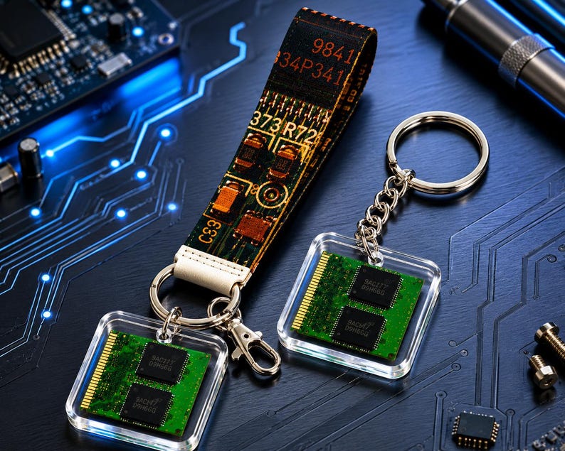 May include: A fabric keychain strap featuring a printed circuit board pattern with numbers 9841, 334P341, and 373 R72, attached to a metal ring and a clear square acrylic pendant containing a green computer memory module with two black processor chips.