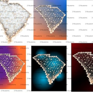 May include: A collection of digital art pieces featuring the outline of South Carolina, illuminated with a network of glowing dots and lines. Each piece has a different background color, including orange, blue, and purple.