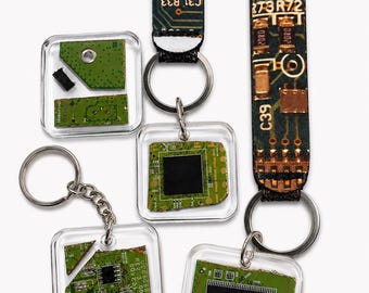 Resin Encased Circuit Board Keychain, Recycled Electronics Tech Accessory