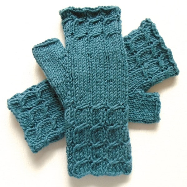 Handknit FIngerless Gloves for Women, Teen Girls, Texting Gloves, Hand Warmers, teal green gloves, merino wool gloves, cable gloves