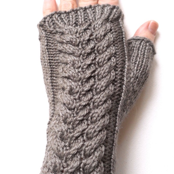 Handknit Fingerless Gloves for Women, Teen Girls, Texting Gloves, Hand Warmers, cable pattern, wool and silk blend, gray gloves, knit gloves