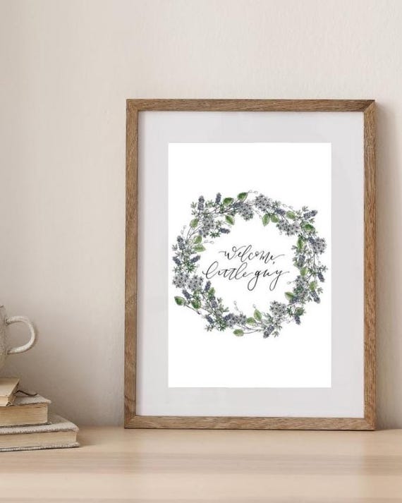 Welcome Little Guy Print • Blue Floral Wreath, Calligraphy, Nursery Wall Art