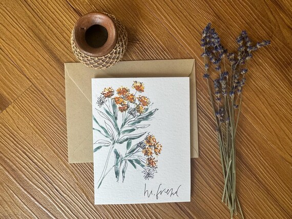 Hi Friend Greeting Card • Calligraphy, Floral Watercolor Art, Italian Paper