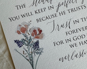 Isaiah 26:3-4 Scripture Print • Calligraphy, Floral Watercolor, Italian Paper